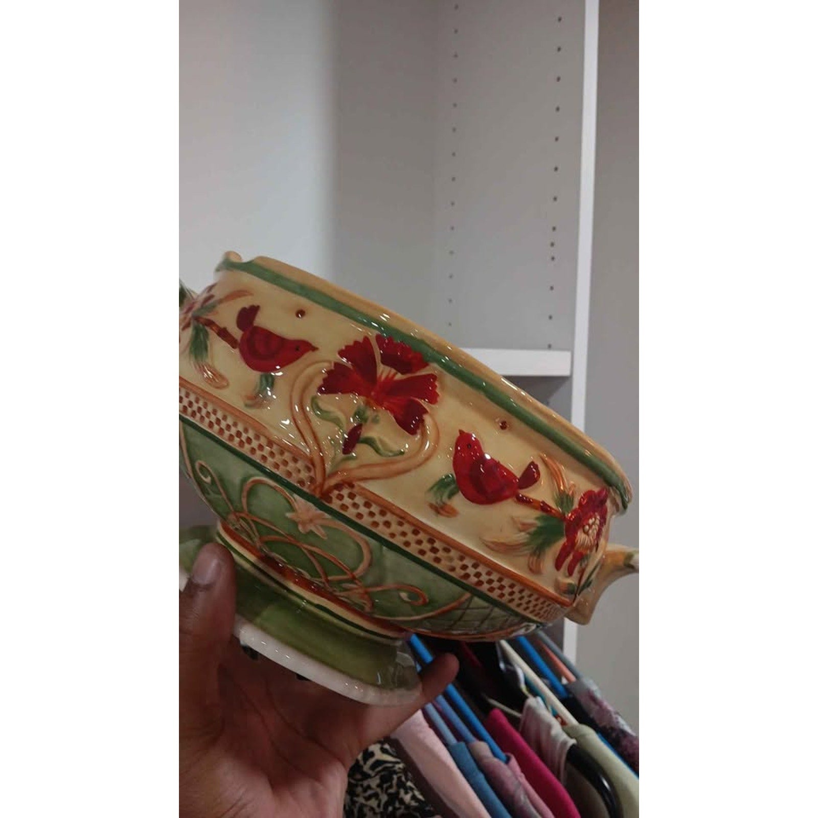 Fitz And Floyd "Bellacara" Soup Tureen Bowl Handpainted Red Bird On Top Of Lid!