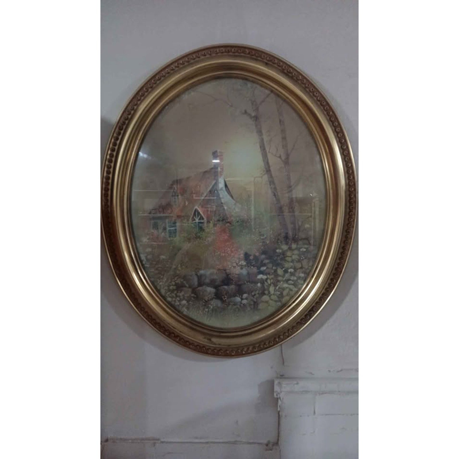 Vintage Syroco 1982 Oval Gold Plastic Picture Frame Cottage In Forest Birch Tree