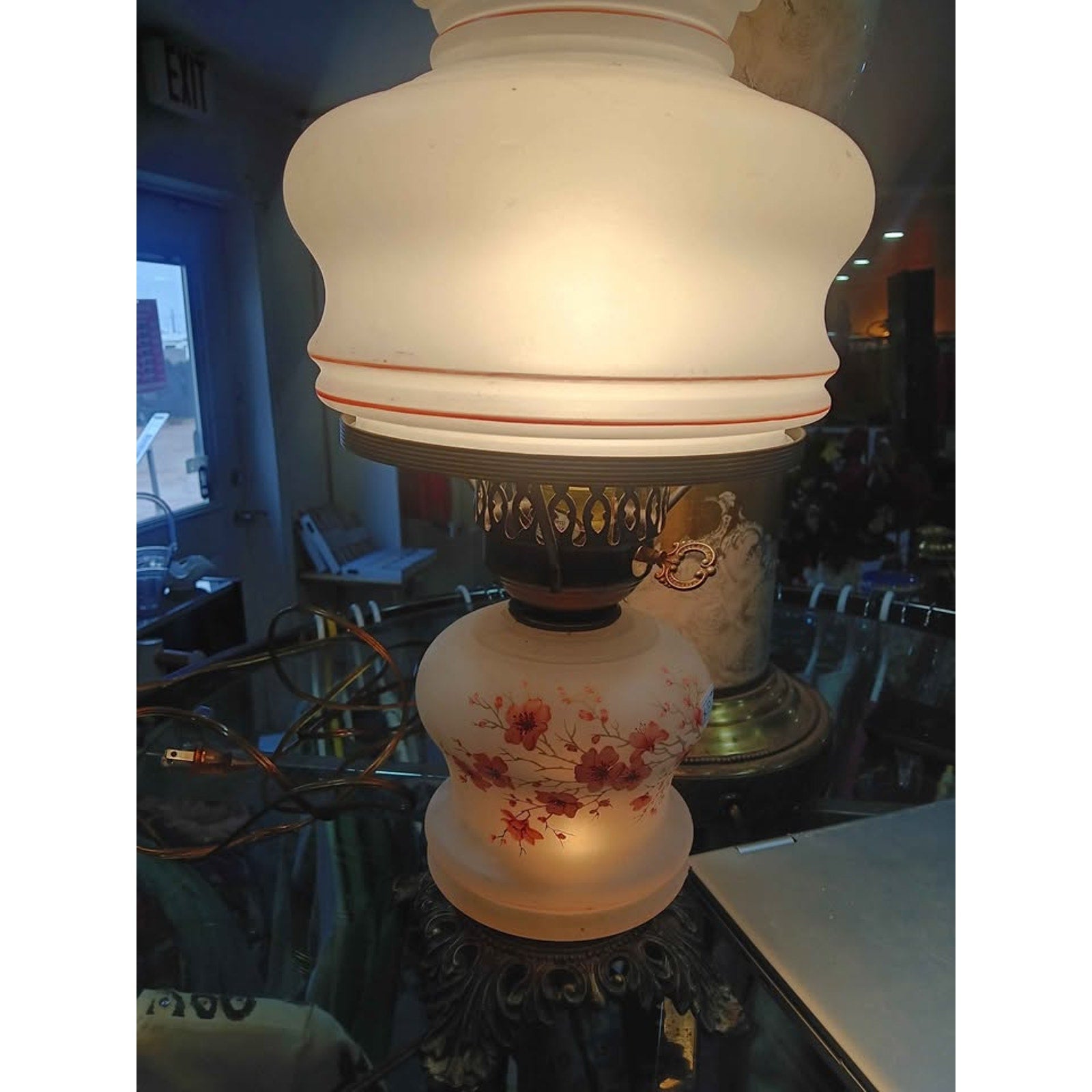 Vintage GWTW hurricane lamp L&L wmc 1973 Pink Flowers On Branches LED BULB