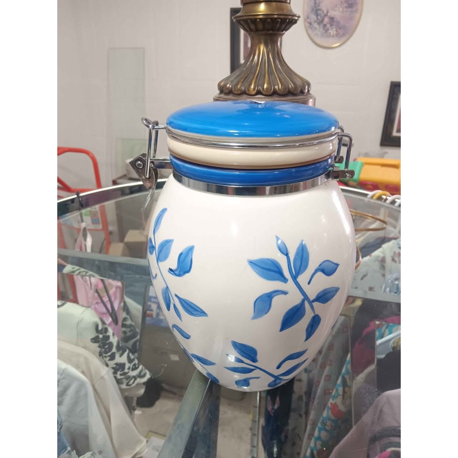 Inspirado Blue Leaves White Cookie Jar