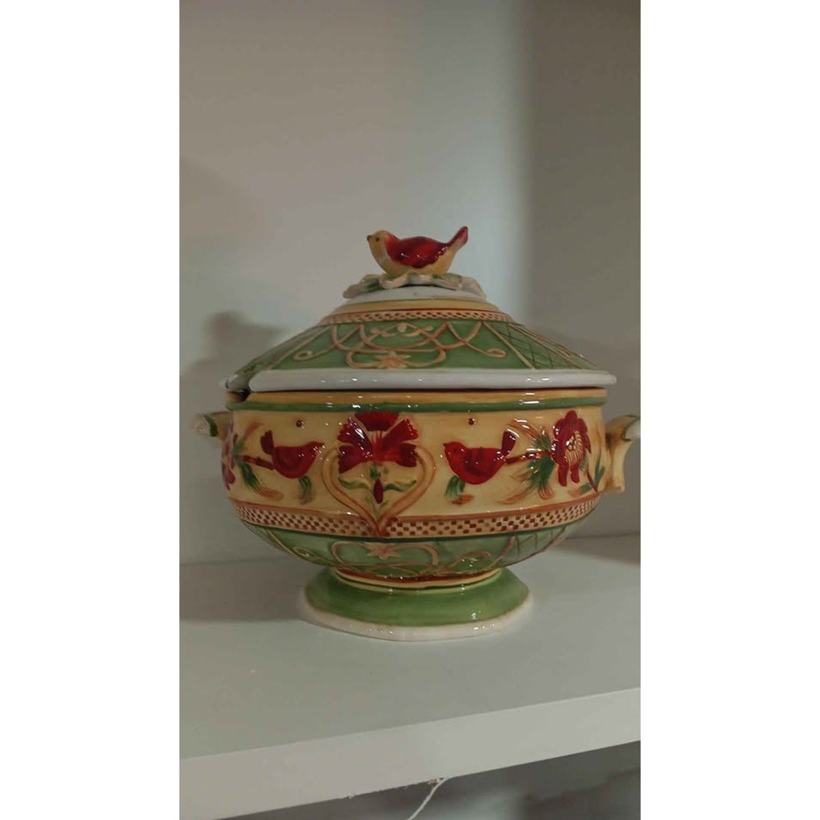 Fitz And Floyd "Bellacara" Soup Tureen Bowl Handpainted Red Bird On Top Of Lid!