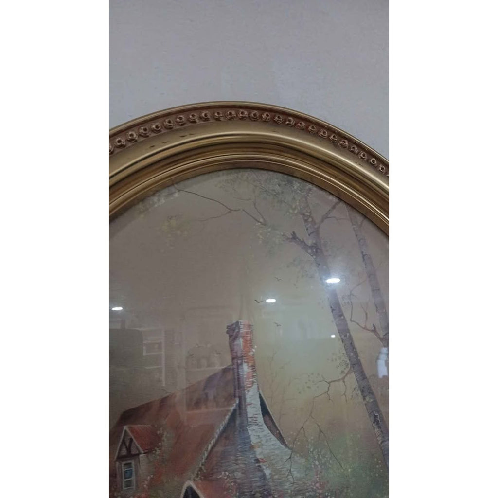 Vintage Syroco 1982 Oval Gold Plastic Picture Frame Cottage In Forest Birch Tree