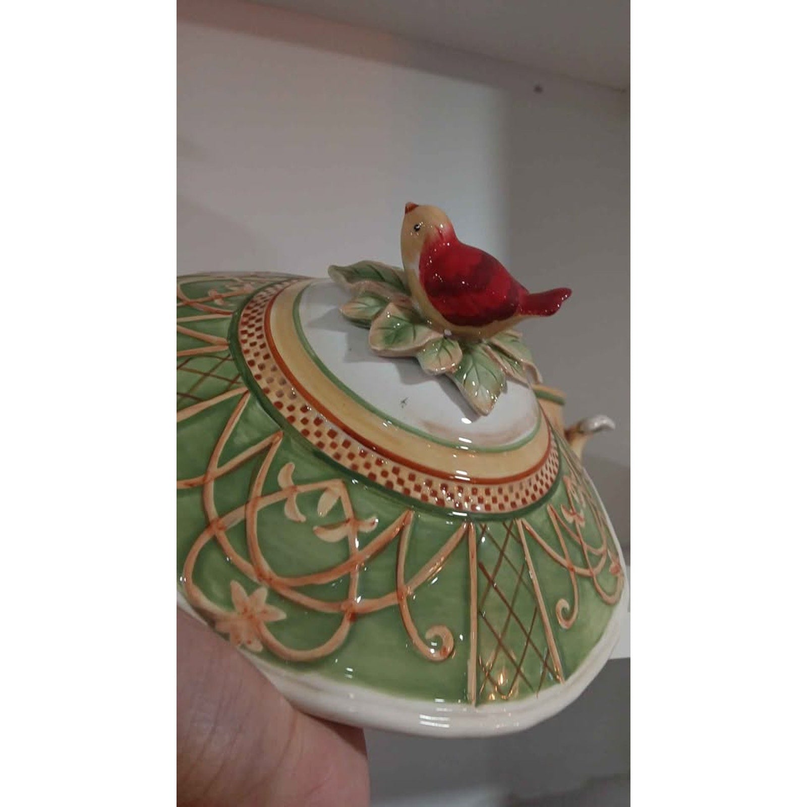 Fitz And Floyd "Bellacara" Soup Tureen Bowl Handpainted Red Bird On Top Of Lid!