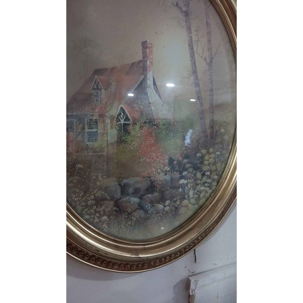 Vintage Syroco 1982 Oval Gold Plastic Picture Frame Cottage In Forest Birch Tree
