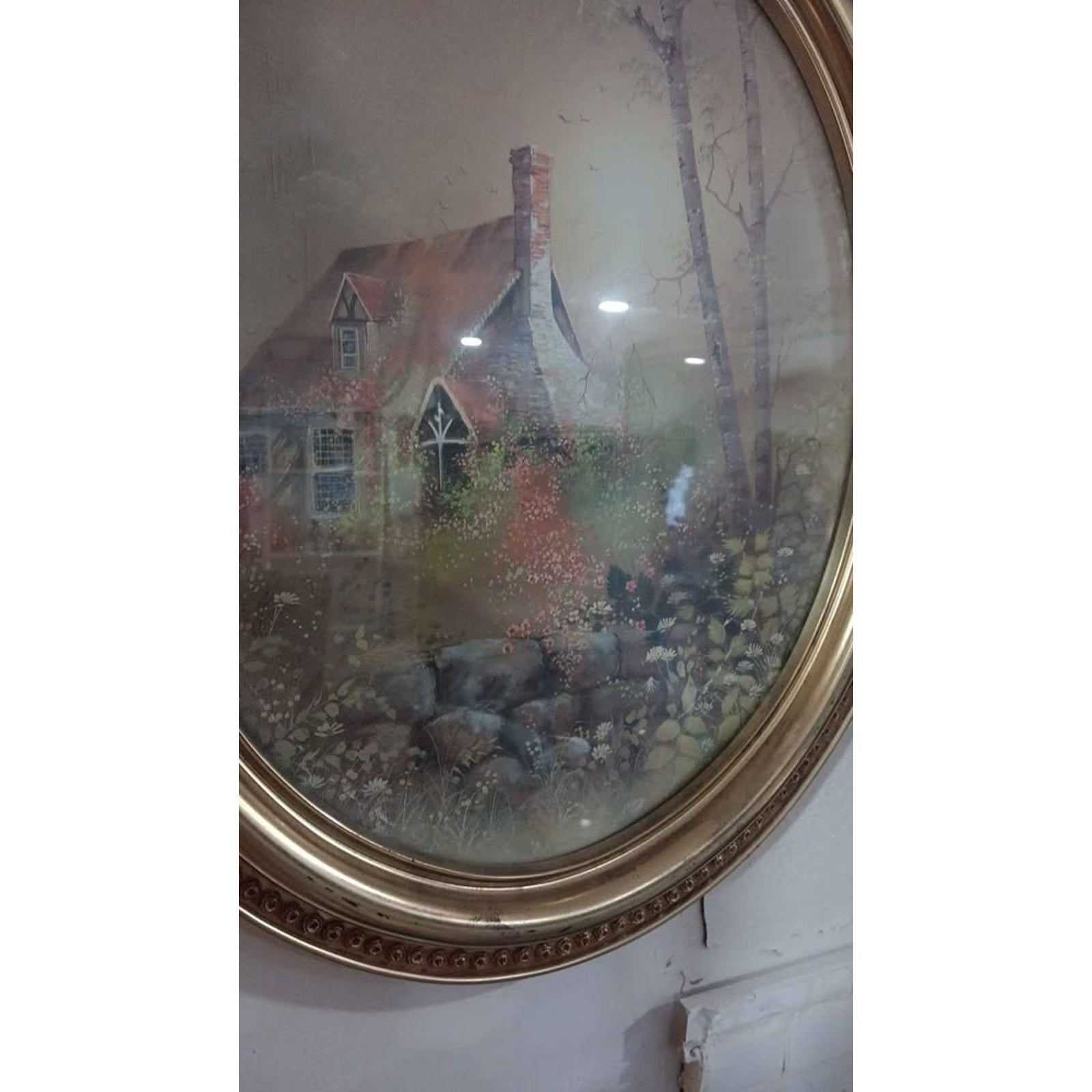 Vintage Syroco 1982 Oval Gold Plastic Picture Frame Cottage In Forest Birch Tree