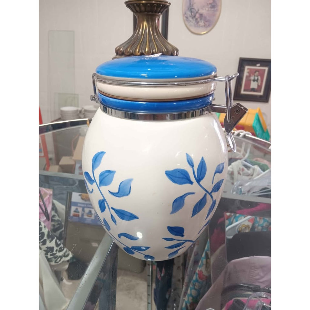Inspirado Blue Leaves White Cookie Jar