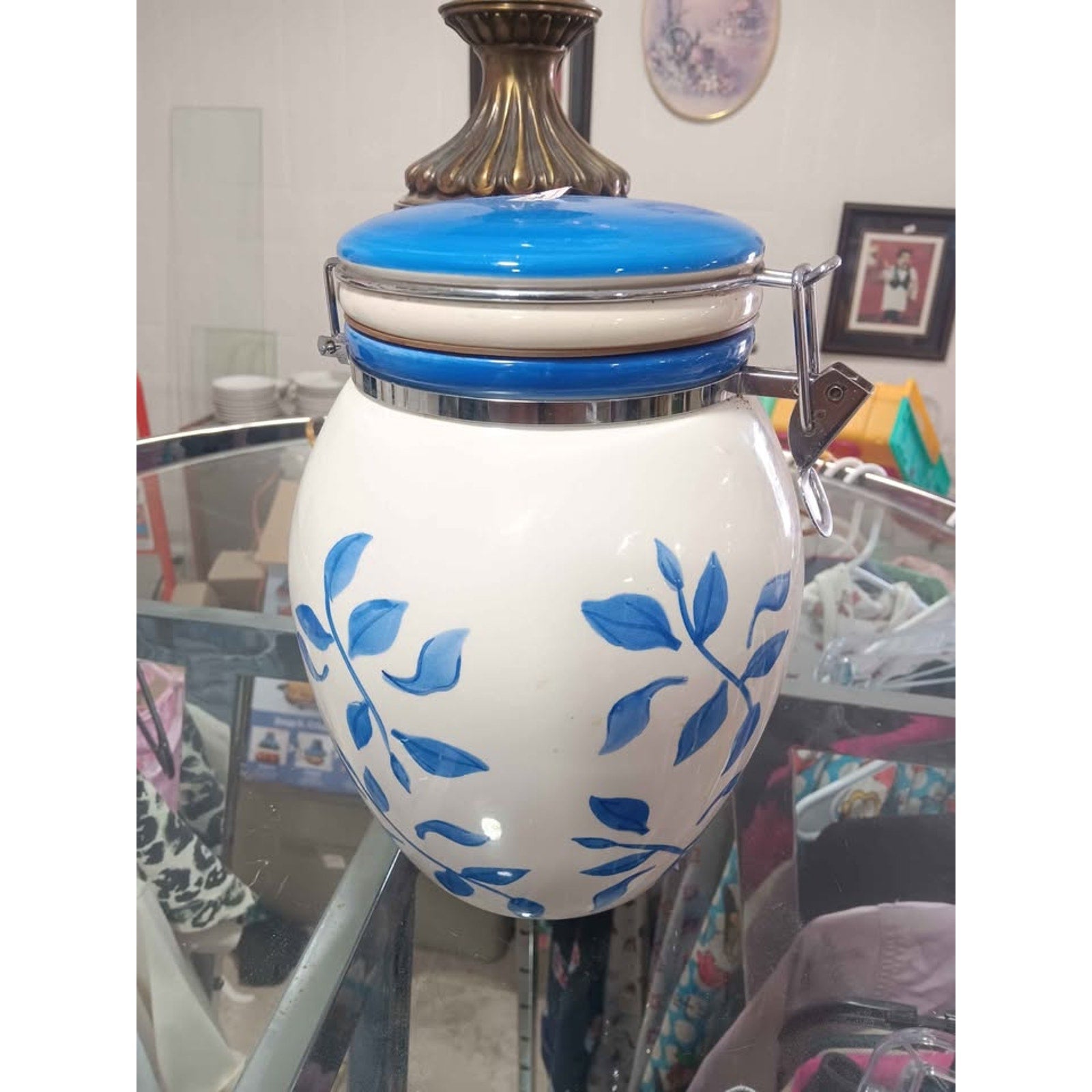 Inspirado Blue Leaves White Cookie Jar